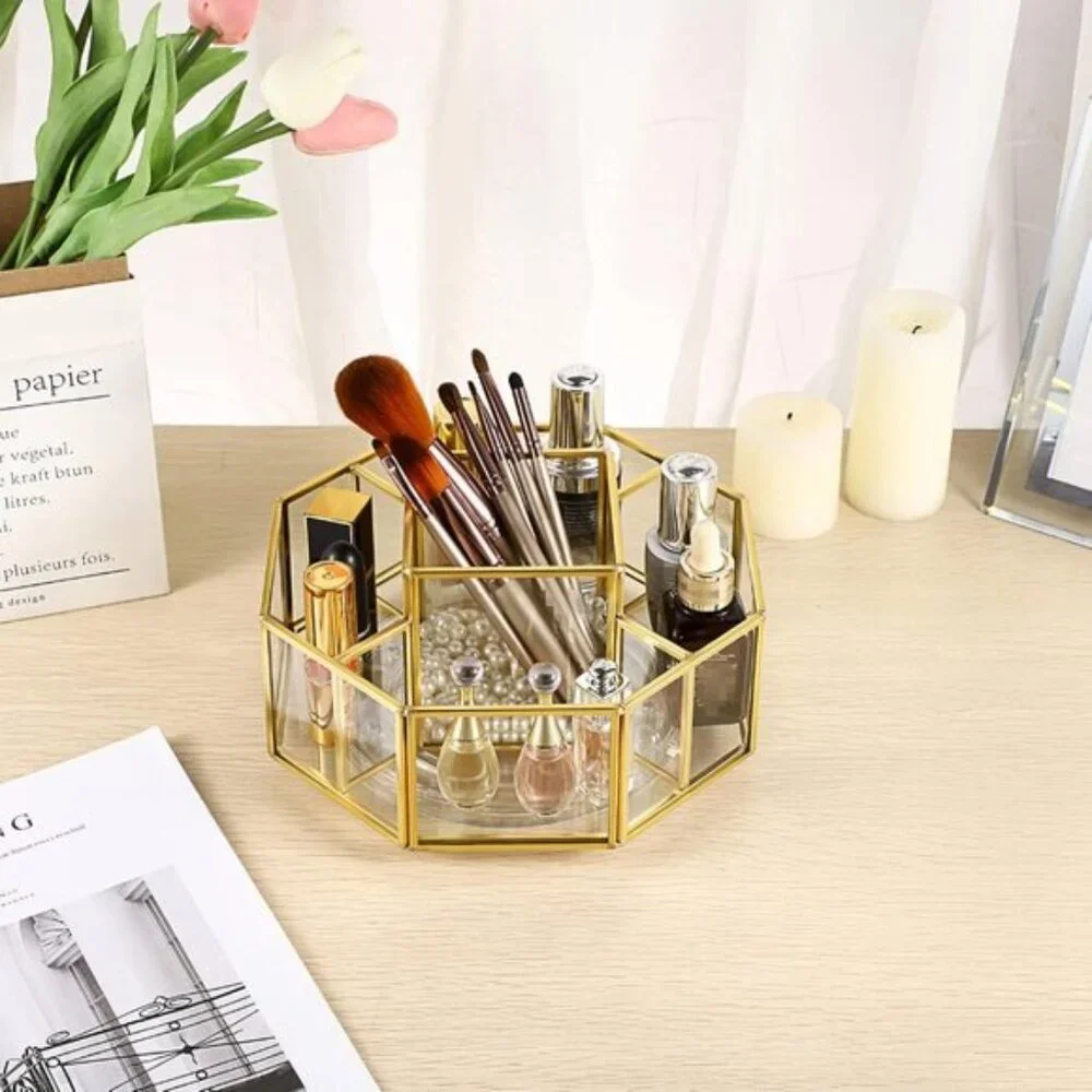 360° Rotating Glass Makeup Organizer, Gold 5-Slot Vanity Storage for Cosmetics